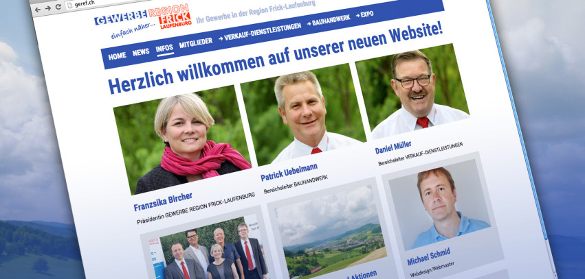 Die neue Geref-Webseite mit Präsidentin Franziska Bircher (von links), Bereichsleiter Bauhandwerk Patrick Uebelmann, Bereichsleiter Verkauf-Dienstleistungen Daniel Müller und Webdesigner Michael Schmid (unten).